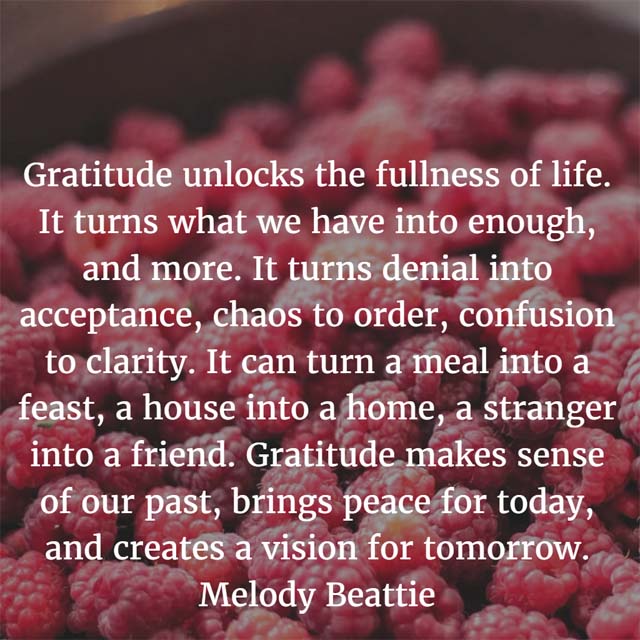 Melody Beattie on Gratitude - Gratitude unlocks the fullness of life. It turns what we have into enough, and more. It turns denial into acceptance, chaos to order, confusion to clarity. It can turn a meal into a feast, a house into a home, a stranger into a friend. Gratitude makes sense of our past, brings peace for today, and creates a vision for tomorrow.