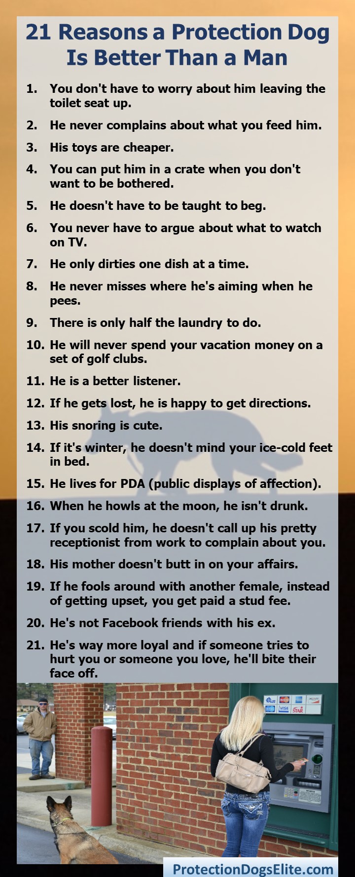 21 reasons why a protection dog is always better than a man. This is a very funny and yet often true list of reasons why dogs are better than men. #dogjokes #ilovedogs #dogsarebetterthanmen